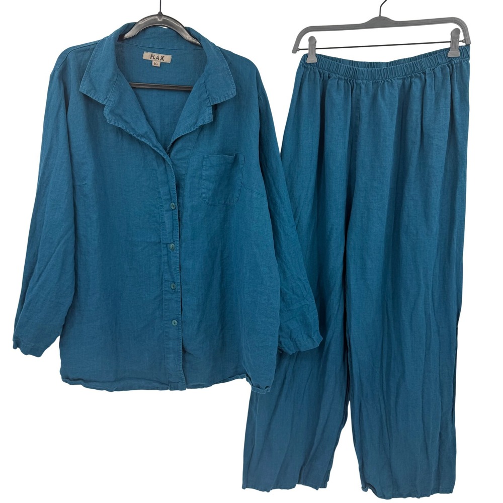 Flax 100% Linen 2 Piece Set Shirt and Pants Teal Blue Lagenlook Sz 1G Plus 18-20